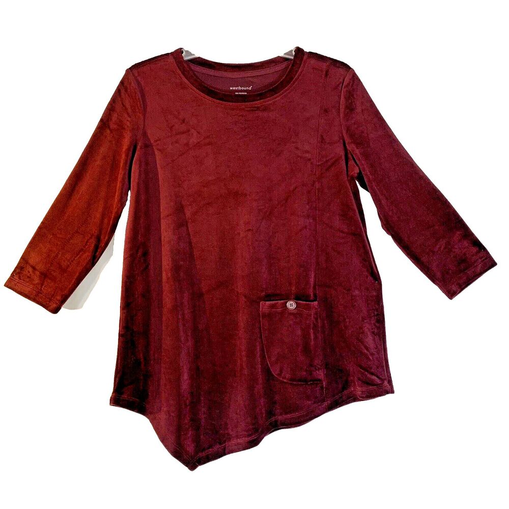 Westbound Tunic Women S Maroon Velvet Pocket 3/4 Sleeve Lagenlook Asymmetrical